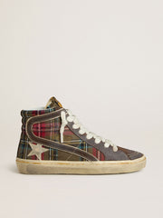 Women's Slide in red tartan with silver nappa leather star and black suede flash