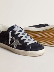 Women’s Super-Star in blue suede with silver glitter star and leather heel tab