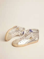 Women's Slide with laminated leather upper and silver glitter