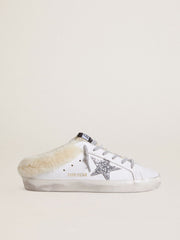 Super-Star Sabots in white leather with shearling lining and silver star