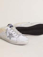 Super-Star Sabots in white leather with shearling lining and silver star