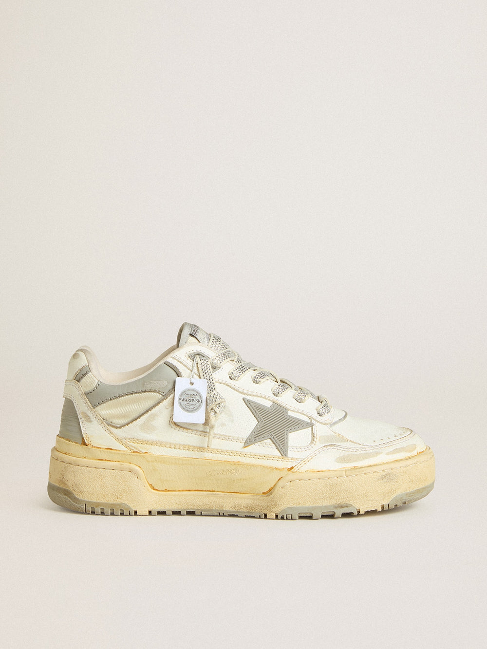 Women’s Forty2 in white leather with laces with Swarovski crystals and gray TPU star