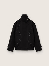 Women’s oversized jacket in black cotton twill with floral sequin embroidery