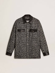 Gray herringbone jacket with black leather details