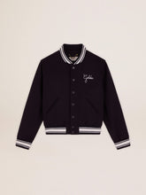 Women's bomber jacket in dark blue wool with white details