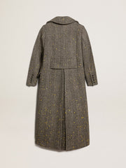 Women's long herringbone coat with yellow details