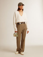 Ribbed wool sweater with V neck and drawstring with tassels