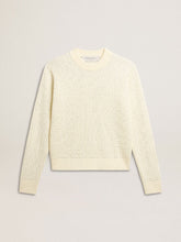 Women's crew-neck sweater in white merino wool with all-over crystals