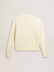 Women's crew-neck sweater in white merino wool with all-over crystals