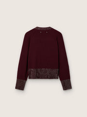 Women's crew-neck sweater in burgundy wool with rhinestone embroidery