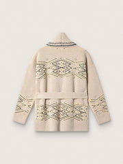 Women's belted cardigan in beige wool blend with contrast embroidery