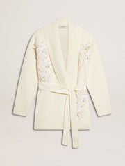 Women's cream-colored cotton cardigan with floral embroidery