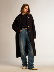 Women’s round-neck sweater in dark blue cotton with logo on the back