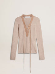 Beige wool sweater with leather details