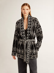 Women’s black cardigan with belt and crystals