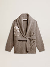 Women's cardigan in gray melange wool with embroidery on the front