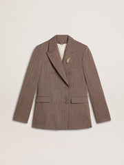 Women's double-breasted blazer in beige chevron wool blend