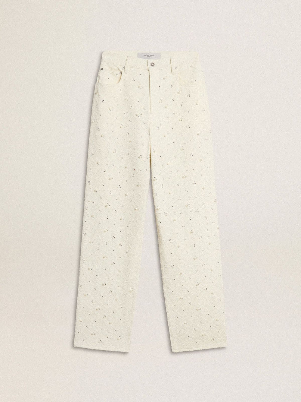 Women's white denim pants with beading and crystals