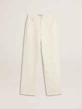 Women's white denim pants with beading and crystals