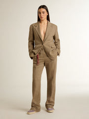Women's trousers in a sand-colored herringbone linen blend
