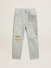 Women's bleached jeans with cabochon crystals