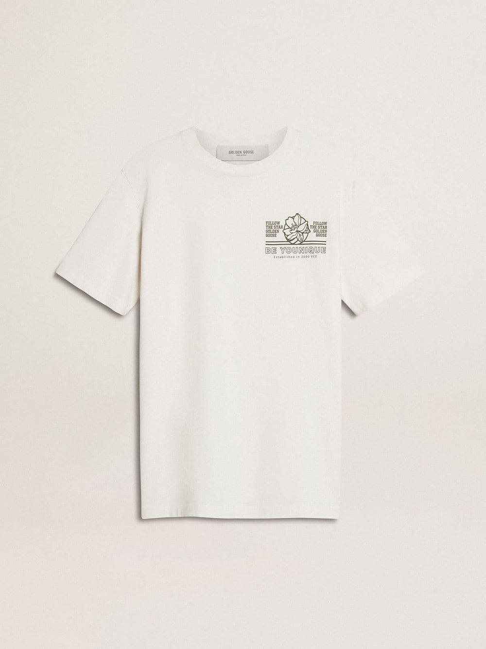 Women's white T-shirt with black print on the chest