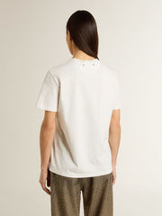 Women's white T-shirt with black print on the chest