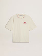CNY worn-white sleeveless T-shirt with red embroidery