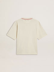 CNY worn-white sleeveless T-shirt with red embroidery