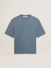 Unisex cotton T-shirt in baby blue with reverse print on the back