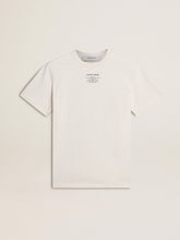 Women's worn-white cotton T-shirt with black lettering
