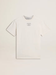 Women's worn-white cotton T-shirt with black lettering