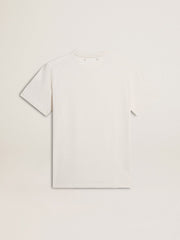 Women's worn-white cotton T-shirt with black lettering