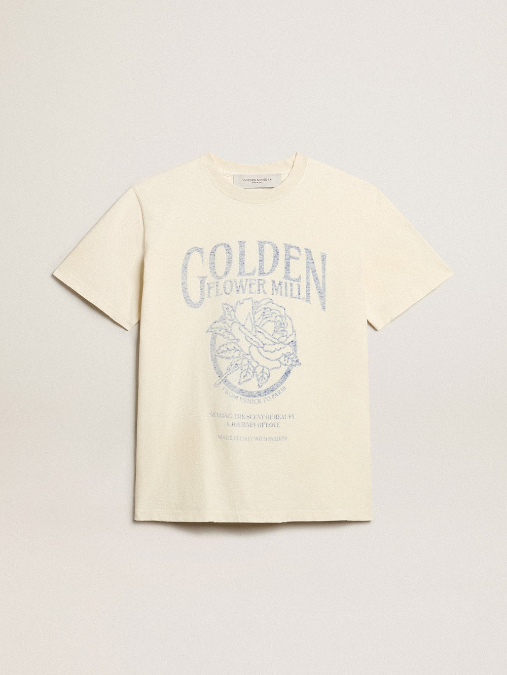 Women’s T-shirt in aged white cotton with seasonal print