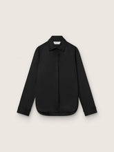 Women's shirt in black wool twill with floral embroidery in glass beads