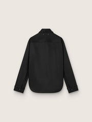 Women's shirt in black wool twill with floral embroidery in glass beads