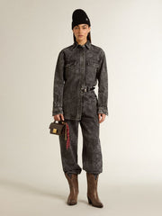 Women's black denim shirt with ton sur ton floral pattern
