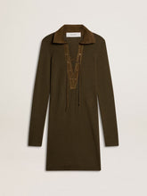 Military green wool mini dress with leather details