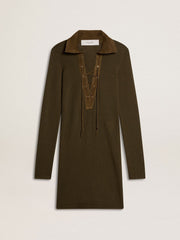 Military green wool mini dress with leather details