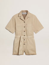 Women's romper in beige denim with belt and frayed hem