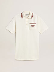 Women's Oasis polo dress in white perforated jersey with burgundy stripes