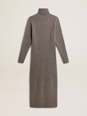 Gray melange ribbed woolen dress with high neck
