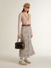 Women's long pleated skirt with multicolor floral sequin print