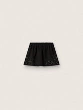 Women’s miniskirt in black cotton twill with floral sequin embroidery