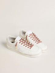 Salmon pink Lurex laces with contrasting black logo