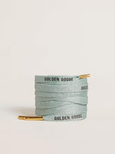 Gray Lurex laces with contrasting black logo
