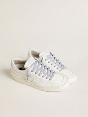 Silver-colored Lurex laces with contrasting black logo