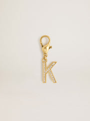 Letter K charm in gold-colored brass with crystals