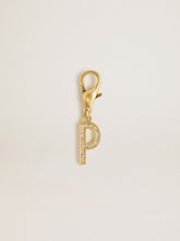 Letter P charm in gold-colored brass with crystals