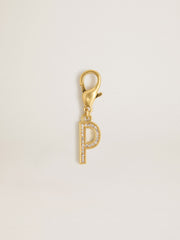 Letter P charm in gold-colored brass with crystals